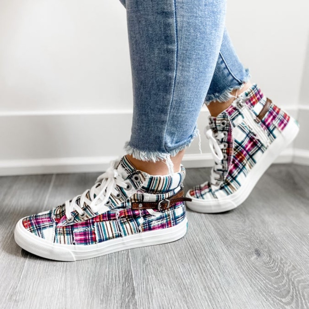 Blowfish high top distressed detail plaid sneakers with strap and buckle